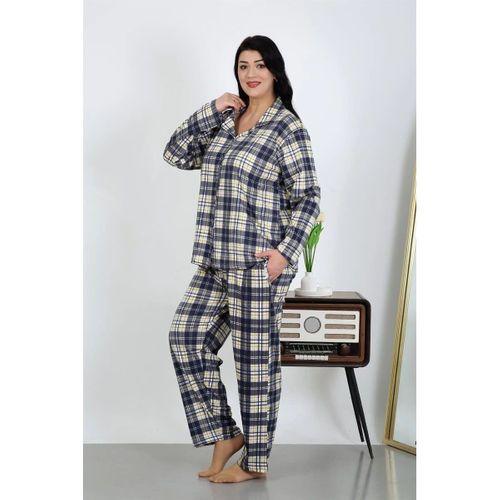 Kadın Büyük Beden Pamuklu Cepli Düğmeli Lacivert Pijama Takım