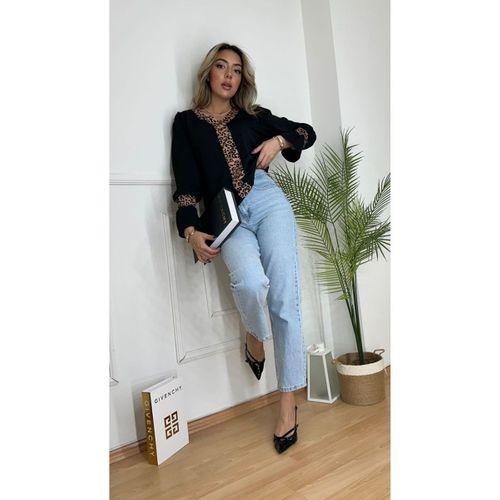 Kadın Uzun Kollu V Yakalı Leopar Detaylı Krep Bluz