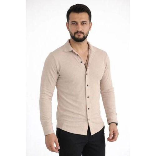 Erkek Waffle Kumaş Uzun Kollu Düğmeli Açık Yaka Regular Fit Gömlek - Bej