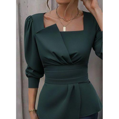 Kadın Uzun Kollu Geometrik Yakalı Belden Oturmalı Ithal Krep Bluz