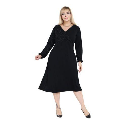 Melsay Butik Siyah Modal Taş Baskılı Kruvaze Yaka Elbise