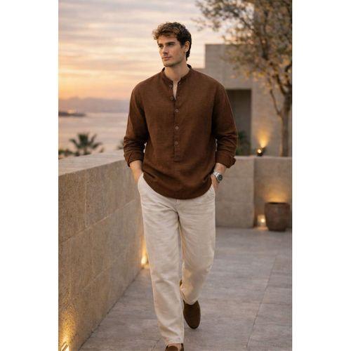 Hafif ve Nefes Alabilir Erkek Müslin Yarım Pat Hakim Yaka Oversize Gömlek - Kahve