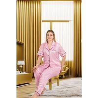 Büyük Beden Şık Tasarım Pembe Çizgili Düğmeli Kısa Kol Lüx Saten Pijama Takımı