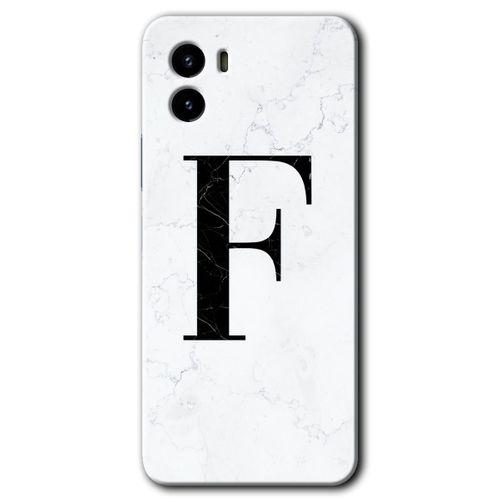 Vivo Y15s Kılıf HD Desen Baskılı Arka Kapak - Beyaz Mermer Desenli F Harfi + Kırılmaz Cam