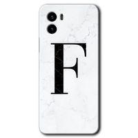 Vivo Y15s Kılıf HD Desen Baskılı Arka Kapak - Beyaz Mermer Desenli F Harfi + Kırılmaz Cam