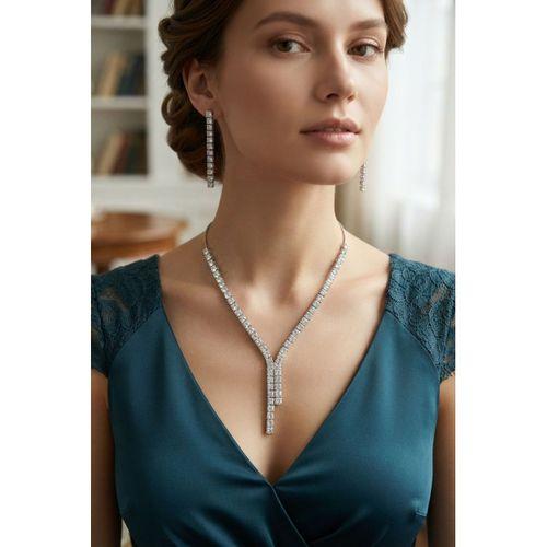Kare Zirkon Taşlı Su Yolu Kolye ve Küpe Set
