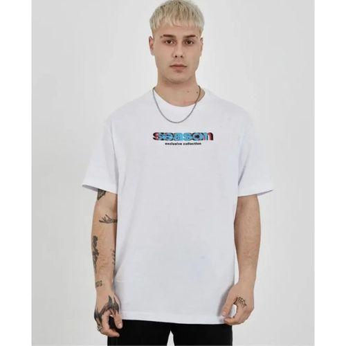 Unisex Bisiklet Yaka Baskılı Oversize T-Shirt - Beyaz