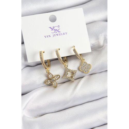 Pirinç Zİrkon Taşlı Yonca Model Gold Renk 3'lü Kadın Küpe