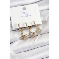 Pirinç Zİrkon Taşlı Yonca Model Gold Renk 3'lü Kadın Küpe