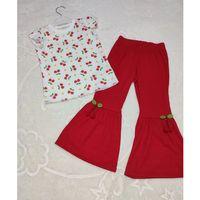 1-2-3-4 Yaş Kiraz Baskılı Tişört İspanyol Paçalı Likralı 2li Kız Çocuk Takımı Kırmızı