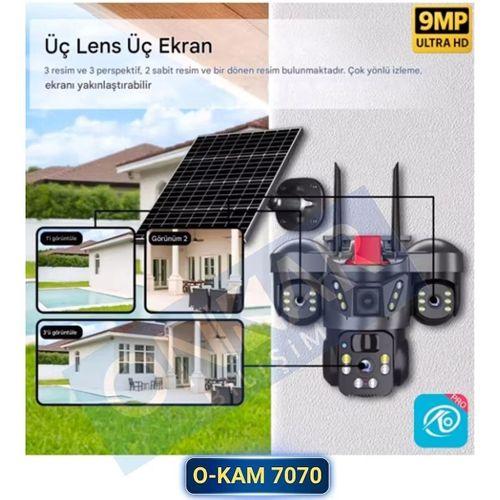 Okam 7070 Solar Güneş Enerjili 4G Sim Kartlı eSim Destekli 9MP 3 Lens Güvenlik Kamerası