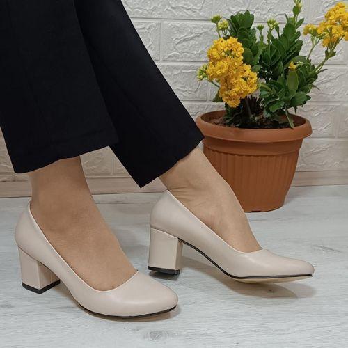 Fiyra 7028 Bej Renk 5cm Kare Topuklu Bayan Stiletto Ayakkabı