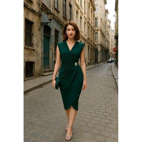 Kadın Kruvaze Yaka Vatkalı Tokalı Midi Elbise