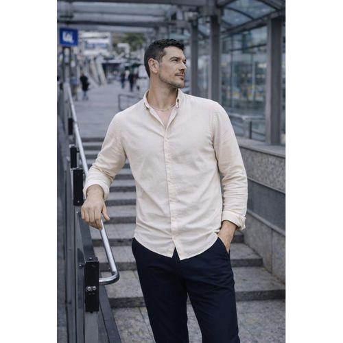 Scott – Soft Dokulu Yarım Oversize Modern Erkek Gömlek - Bej