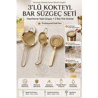 Gold 3lü Kokteyl Bar Süzgeç Seti - Hawthorne Yaylı Süzgeç ve 2 Boy Konik Fine Strainer Paslanmaz Profesyonel Barmen Süzgeci Seti 723439