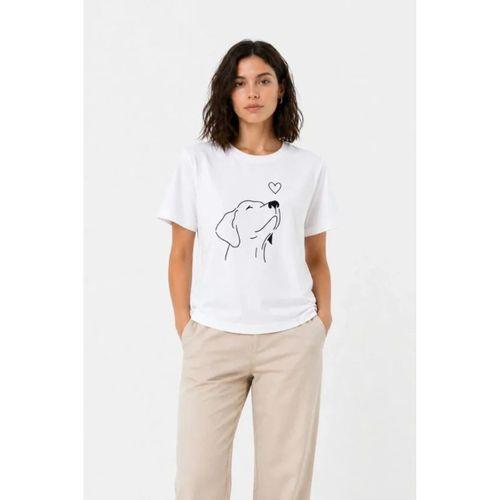 Köpek Figürlü Minimal Baskılı Tişört Kısa Kol Yazlık T-Shirt - Beyaz