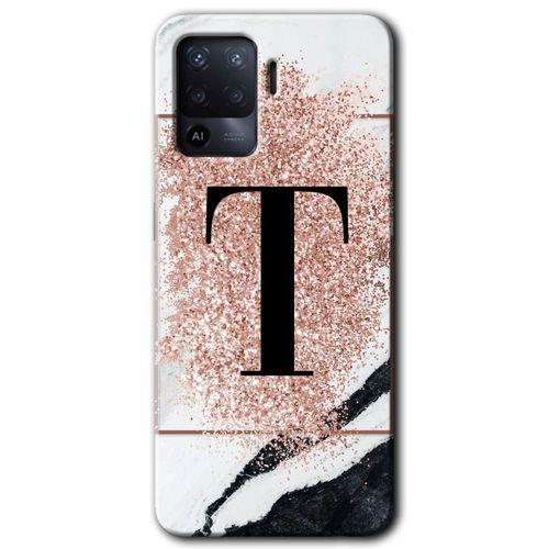 BeRa Aksesuar Oppo Reno 5 Lite Kılıf Baskılı Kapak - Pembe Mermer Desenli T Harfi +Tam Kaplayan Mat Seramik