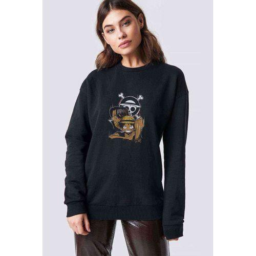 One Piece Baskılı Siyah Kadın Sweashirt