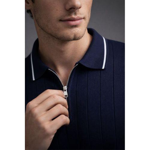 Jared Yakası Şeritli Dik Çizgili Yarım Fermuar İnce Triko Erkek T-Shirt - Lacivert