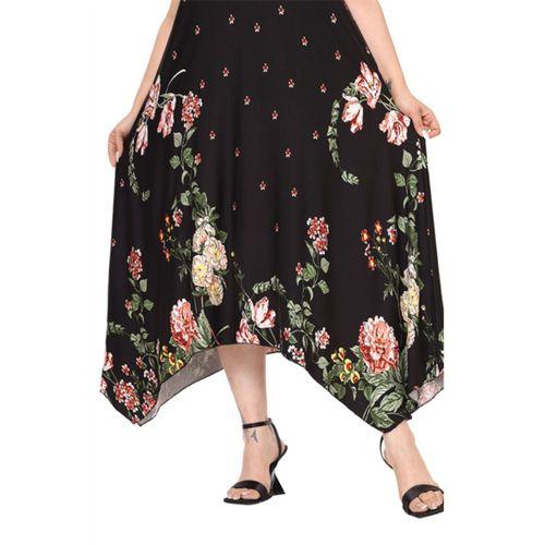 Melsay Butik Siyah Sulu Pembe Çiçek Desen Asimetrik Kısa Kollu Elbise