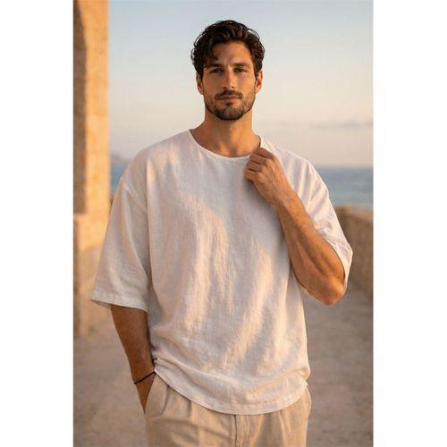 Castiel Bisiklet Yaka Fakir Kol Oversize Kısa Kol T-shirt - Beyaz