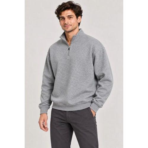 Erkek Üç İplik İçi Şardonlu Dik Yaka Yarım Fermuarlı Kışlık Sweatshirt - Grİ