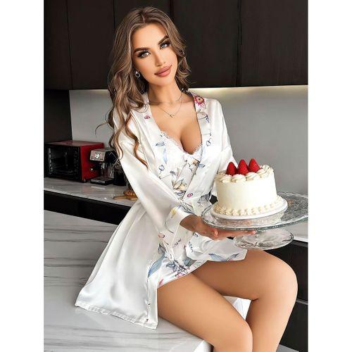 Özel Tasarım Çiçek Desenli Göğüs Dekolteli Sabahlıklı 2'li Beyaz Saten Gecelik Takımı