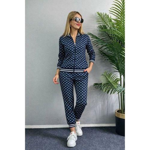 Kadın Uzun Kollu önden Fermuarlı Desenli Iki Iplik Bluz Ve Pantolon Ikili Takım