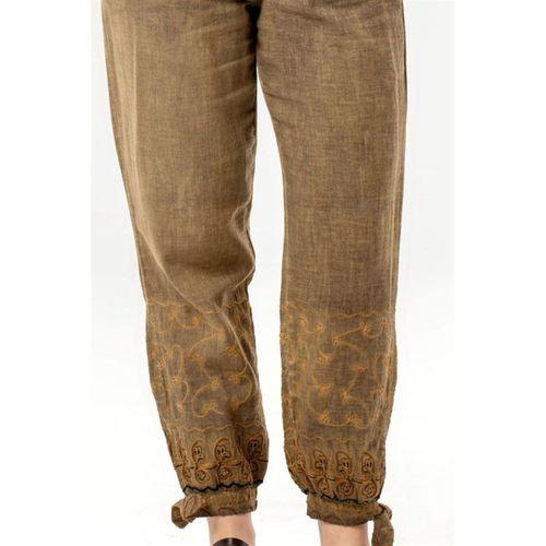 Beli Lastikli İnka Bilekten Bağlamalı Otantik Nakışlı Kadın Poplin Pantolon Toprak Tprk