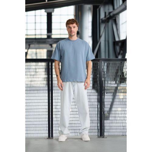 İki İplik Kumaş Pamuklu Bisiklet Yaka Basic Oversize Erkek T-Shirt - Soğuk Mavi