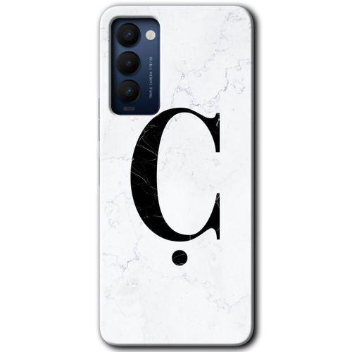 MRCİLETİSİM Tecno Camon 18 Kılıf HD Desen Baskılı Arka Kapak+Temperli Cam - Beyaz Mermer Desenli Ç Harfi