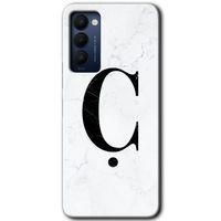 MRCİLETİSİM Tecno Camon 18 Kılıf HD Desen Baskılı Arka Kapak+Temperli Cam - Beyaz Mermer Desenli Ç Harfi