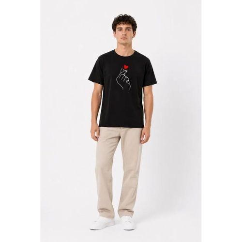 Erkek Kore Parmak Kalp Aşk Temalı Minimal Baskılı Tişört Yazlık Kısa Kol T-Shirt - Siyah