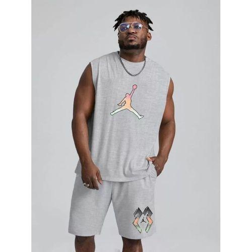 Erkek Sırt Baskılı Sıfır Kol İkili Şort Takım - Gri