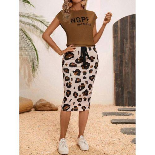 Kadın Kısa Kollu Bisiklet Yaka Viskon Bluz Desenli Dalgıç Etek Ikili Takım