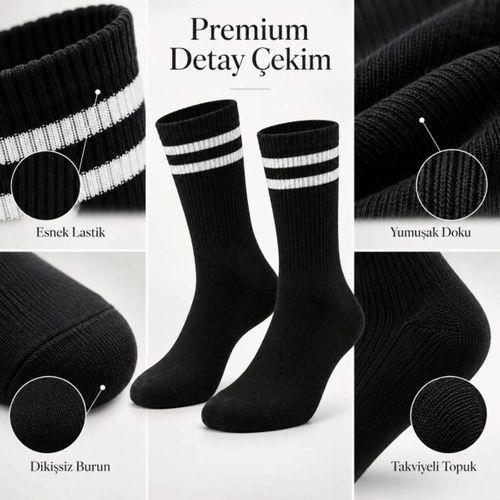 Siyah Çorap Beyaz Çizgili 3'lü Set Unisex Uzun Soket Günlük Spor Rahat Kolej Stil Çorap Seti