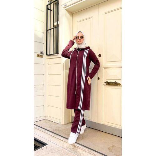 Fermuarlı Kapşonlu Uzun Tunik Pantolon İkili Tesettür Eşofman Takımı - 03077.020 - Mürdüm