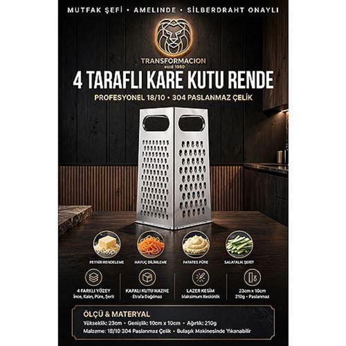 4 Yüzeyli Kare Kutu Rende Sebze Peynir Dilimleyici Öğütücü Mutfak Rendesi 18/10 Paslanmaz Çelik  723474