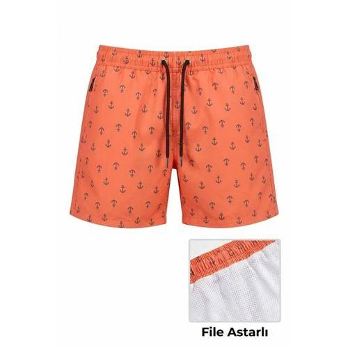 Erkek Deniz Şortu Fermuarlı Cepli File Astarlı Hızlı Kuruyan Premium - Turuncu