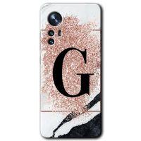 Xiaomi Mi 12 Pro Kılıf HD Desen Baskılı Arka Kapak + Temperli Cam - Pembe Mermer Desenli G Harfi