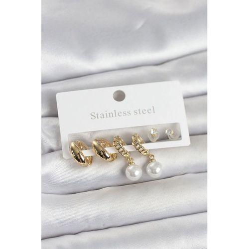 316L Çelik Gold Renk inci Halka Detaylı Kadın Küpe Seti