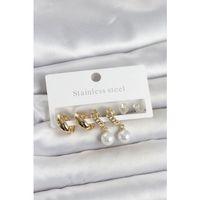 316L Çelik Gold Renk inci Halka Detaylı Kadın Küpe Seti