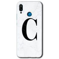 Potkal Hediye Fabrikası Huawei P20 Lite HD Baskılı Kılıf + 9D Tam Ekran Koruyucu - Beyaz Mermer Desenli C Harfi