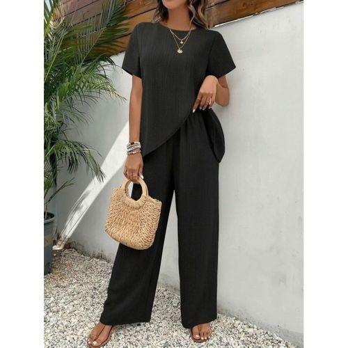 Kadın Kısa Kollu Bisiklet Yaka Asimetrik Kesim Detaylı Bürümcük Bluz Ve Pantolon Ikili Takım