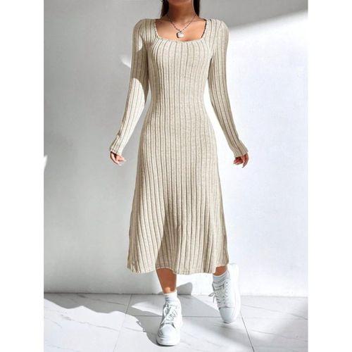 Kadın Uzun Kollu Kare Yaka Midi Kaşkorse Elbise