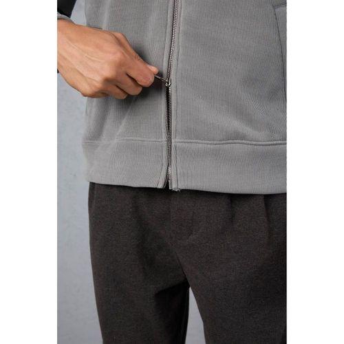 Ron Selanik Örme İçi Peluş Çift Fermuarlı Dik Yaka Erkek Hırka Sweatshirt - Füme