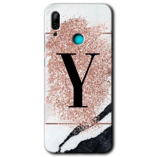 MRCİLETİSİM Huawei P smart 2019 Kılıf HD Desen Baskılı Arka Kapak + Temperli Cam - Pembe Mermer Desenli Y Harfi