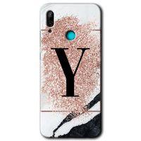 MRCİLETİSİM Huawei P smart 2019 Kılıf HD Desen Baskılı Arka Kapak + Temperli Cam - Pembe Mermer Desenli Y Harfi