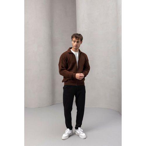 Coppola Selanik Örgü Polo Yaka Cepli Fermuarlı Rahat Kalıp Erkek Triko Hırka - Kahve