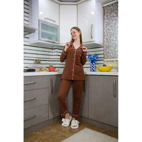 Kadın Penye Uzun Kol Pijama Takım Kahve